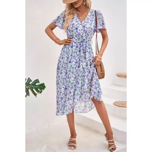 imagePRETTYGARDEN Womens 2024 Floral Boho Dress Wrap V Neck Short Sleeve Belted Ruffle Hem ALine Flowy Maxi DressesWhite Purple Floral