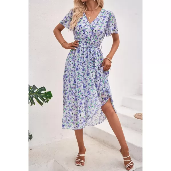 imagePRETTYGARDEN Womens 2024 Floral Boho Dress Wrap V Neck Short Sleeve Belted Ruffle Hem ALine Flowy Maxi DressesWhite Purple Floral