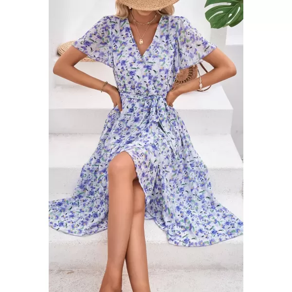 imagePRETTYGARDEN Womens 2024 Floral Boho Dress Wrap V Neck Short Sleeve Belted Ruffle Hem ALine Flowy Maxi DressesWhite Purple Floral