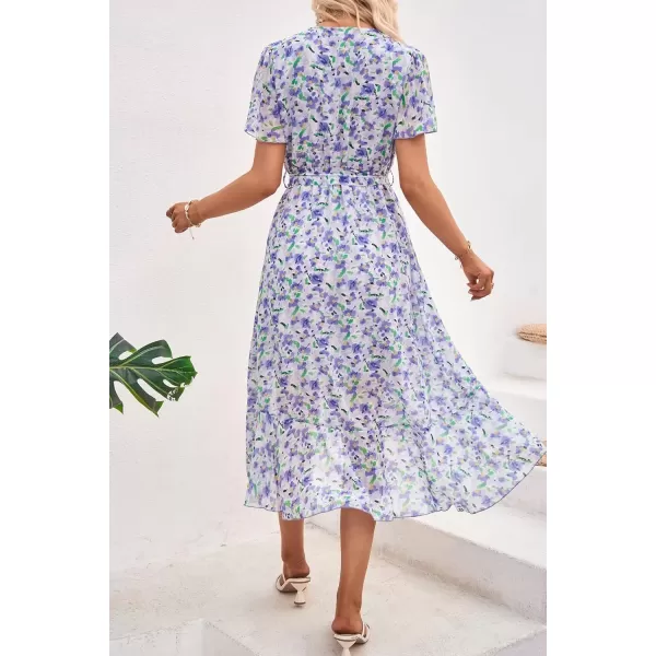 imagePRETTYGARDEN Womens 2024 Floral Boho Dress Wrap V Neck Short Sleeve Belted Ruffle Hem ALine Flowy Maxi DressesWhite Purple Floral