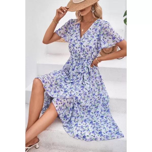 imagePRETTYGARDEN Womens 2024 Floral Boho Dress Wrap V Neck Short Sleeve Belted Ruffle Hem ALine Flowy Maxi DressesWhite Purple Floral