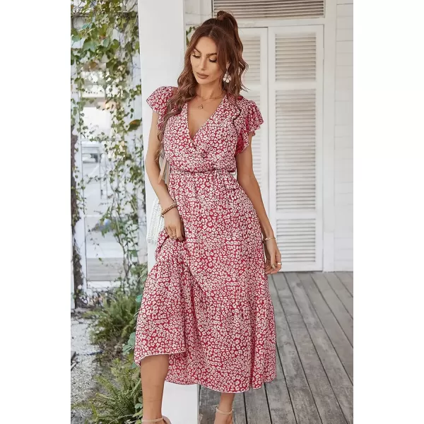 imagePRETTYGARDEN Womens 2024 Floral Boho Dress Wrap V Neck Short Sleeve Belted Ruffle Hem ALine Flowy Maxi DressesWine Red