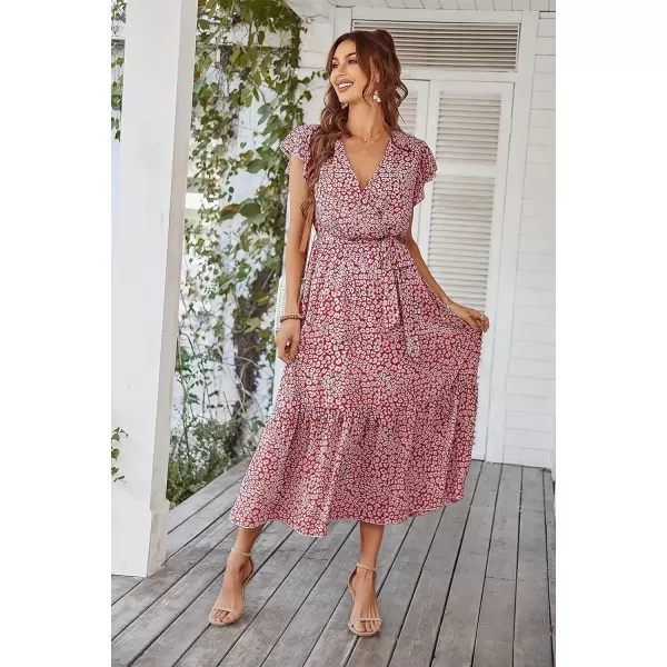imagePRETTYGARDEN Womens 2024 Floral Boho Dress Wrap V Neck Short Sleeve Belted Ruffle Hem ALine Flowy Maxi DressesWine Red
