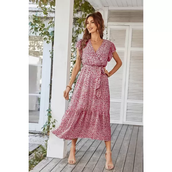 imagePRETTYGARDEN Womens 2024 Floral Boho Dress Wrap V Neck Short Sleeve Belted Ruffle Hem ALine Flowy Maxi DressesWine Red