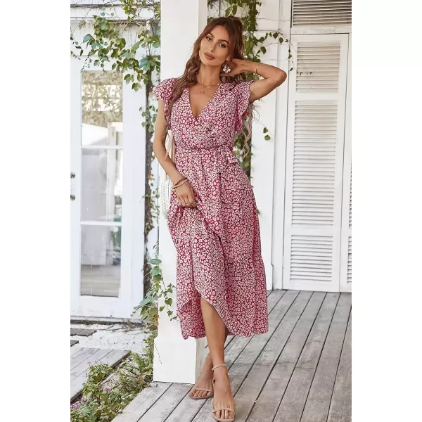 imagePRETTYGARDEN Womens 2024 Floral Boho Dress Wrap V Neck Short Sleeve Belted Ruffle Hem ALine Flowy Maxi DressesWine Red