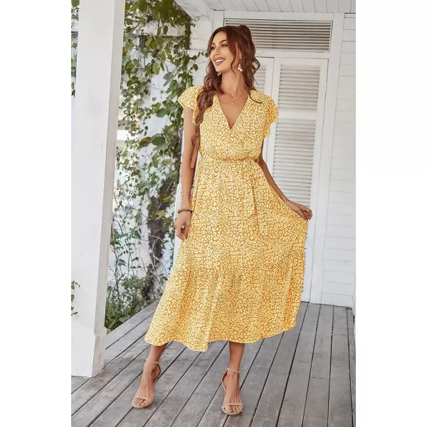 imagePRETTYGARDEN Womens 2024 Floral Boho Dress Wrap V Neck Short Sleeve Belted Ruffle Hem ALine Flowy Maxi DressesYellow
