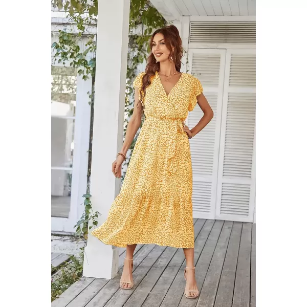 imagePRETTYGARDEN Womens 2024 Floral Boho Dress Wrap V Neck Short Sleeve Belted Ruffle Hem ALine Flowy Maxi DressesYellow