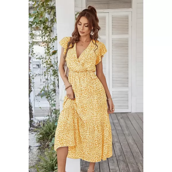 imagePRETTYGARDEN Womens 2024 Floral Boho Dress Wrap V Neck Short Sleeve Belted Ruffle Hem ALine Flowy Maxi DressesYellow