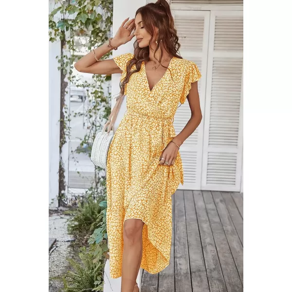 imagePRETTYGARDEN Womens 2024 Floral Boho Dress Wrap V Neck Short Sleeve Belted Ruffle Hem ALine Flowy Maxi DressesYellow