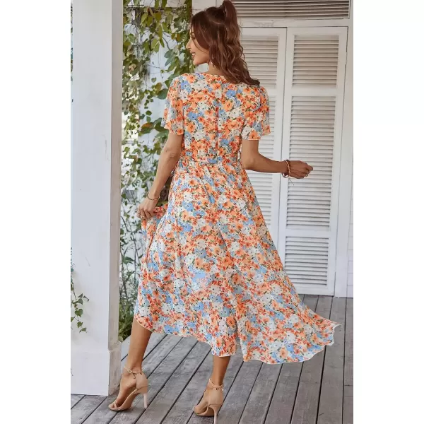 imagePRETTYGARDEN Womens 2024 Floral Boho Dress Wrap V Neck Short Sleeve Belted Ruffle Hem ALine Flowy Maxi DressesYellow Floral