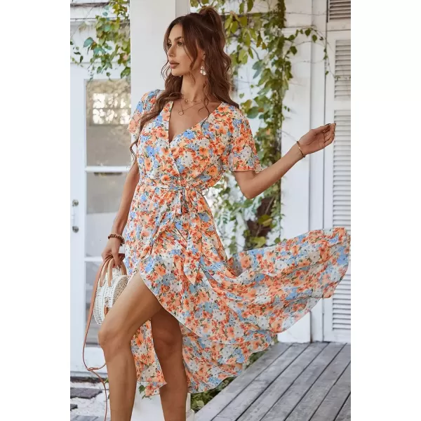 imagePRETTYGARDEN Womens 2024 Floral Boho Dress Wrap V Neck Short Sleeve Belted Ruffle Hem ALine Flowy Maxi DressesYellow Floral