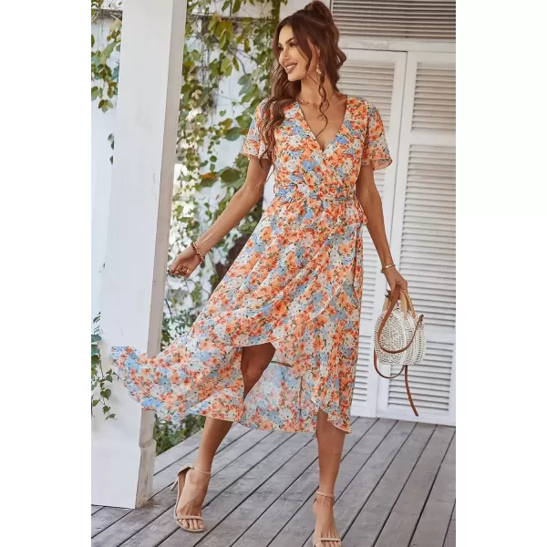 imagePRETTYGARDEN Womens 2024 Floral Boho Dress Wrap V Neck Short Sleeve Belted Ruffle Hem ALine Flowy Maxi DressesYellow Floral