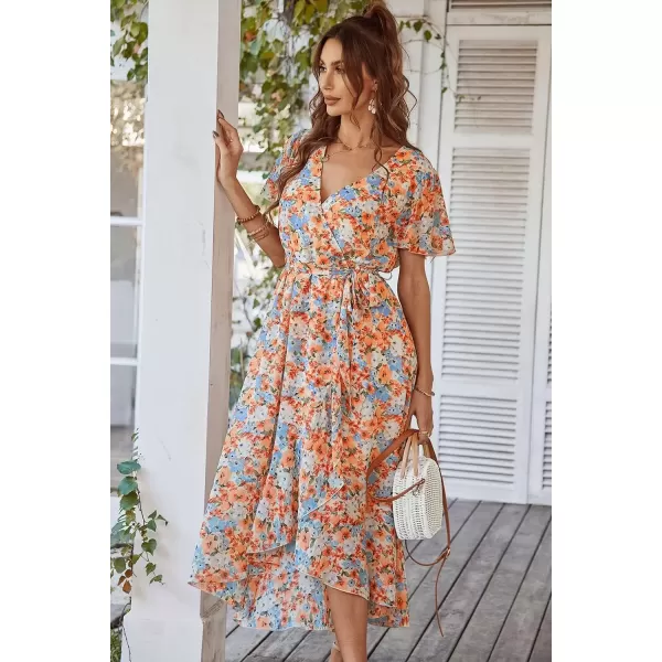 imagePRETTYGARDEN Womens 2024 Floral Boho Dress Wrap V Neck Short Sleeve Belted Ruffle Hem ALine Flowy Maxi DressesYellow Floral