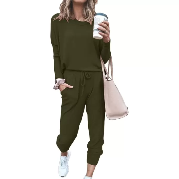 imagePRETTYGARDEN Womens Fall 2 Piece Lounge Outfit Long Sleeve Crewneck Pullover Tops High Waisted Pants Set TracksuitArmy Green