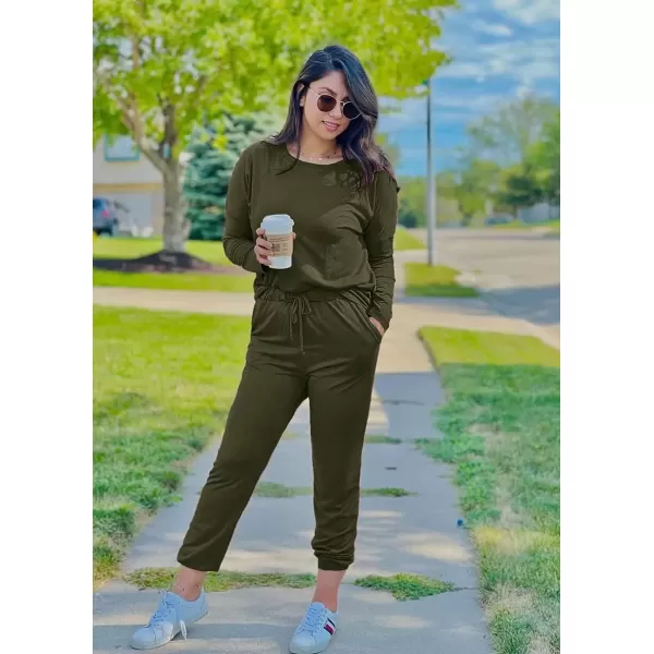 imagePRETTYGARDEN Womens Fall 2 Piece Lounge Outfit Long Sleeve Crewneck Pullover Tops High Waisted Pants Set TracksuitArmy Green