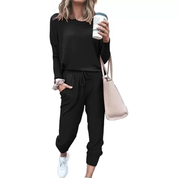 imagePRETTYGARDEN Womens Fall 2 Piece Lounge Outfit Long Sleeve Crewneck Pullover Tops High Waisted Pants Set TracksuitBlack