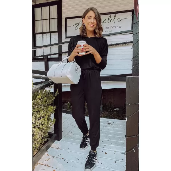 imagePRETTYGARDEN Womens Fall 2 Piece Lounge Outfit Long Sleeve Crewneck Pullover Tops High Waisted Pants Set TracksuitBlack