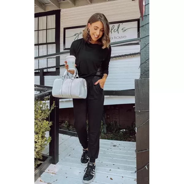 imagePRETTYGARDEN Womens Fall 2 Piece Lounge Outfit Long Sleeve Crewneck Pullover Tops High Waisted Pants Set TracksuitBlack