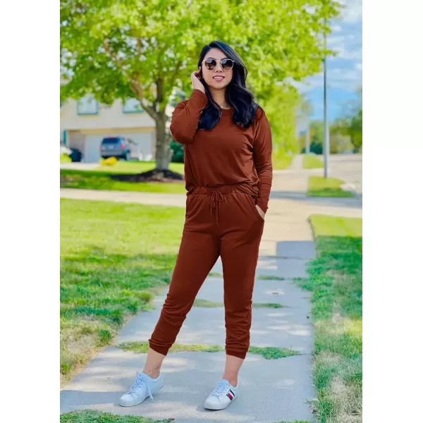 imagePRETTYGARDEN Womens Fall 2 Piece Lounge Outfit Long Sleeve Crewneck Pullover Tops High Waisted Pants Set TracksuitBrick Red