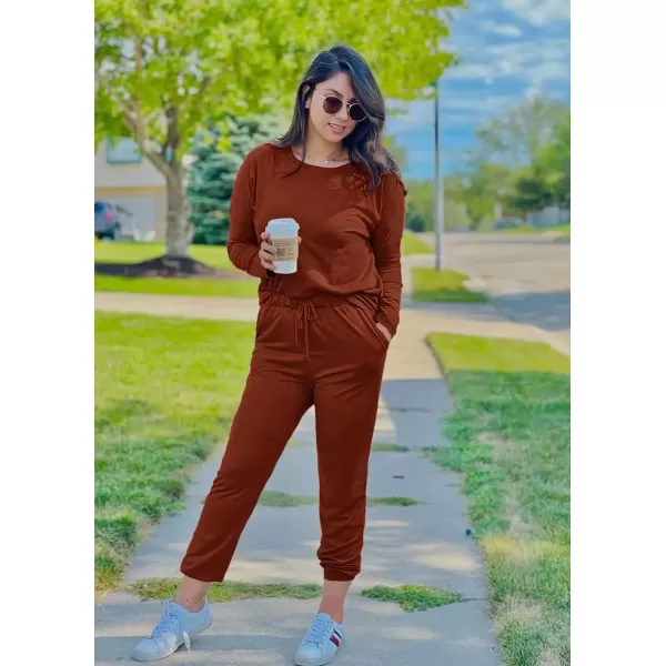 imagePRETTYGARDEN Womens Fall 2 Piece Lounge Outfit Long Sleeve Crewneck Pullover Tops High Waisted Pants Set TracksuitBrick Red