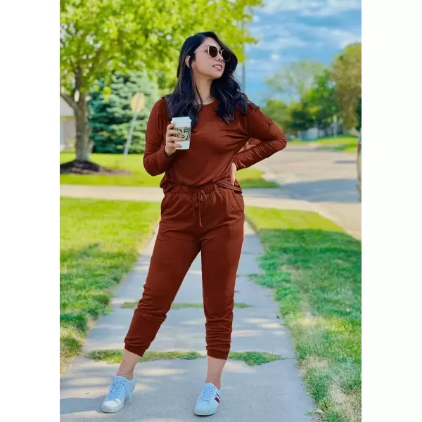 imagePRETTYGARDEN Womens Fall 2 Piece Lounge Outfit Long Sleeve Crewneck Pullover Tops High Waisted Pants Set TracksuitBrick Red
