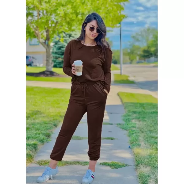 imagePRETTYGARDEN Womens Fall 2 Piece Lounge Outfit Long Sleeve Crewneck Pullover Tops High Waisted Pants Set TracksuitBrown