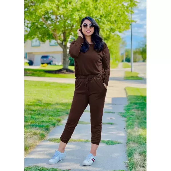 imagePRETTYGARDEN Womens Fall 2 Piece Lounge Outfit Long Sleeve Crewneck Pullover Tops High Waisted Pants Set TracksuitBrown