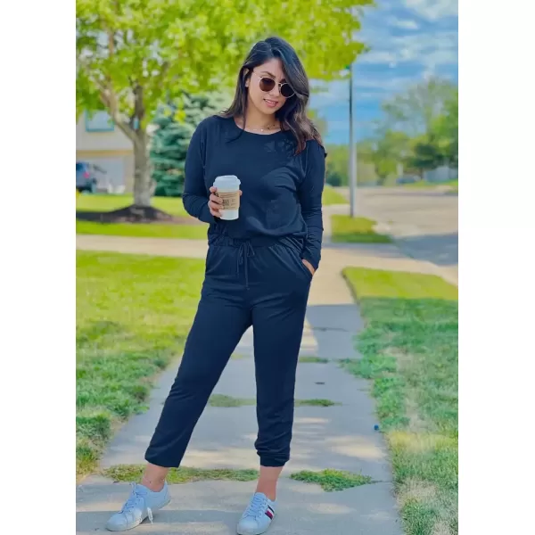 imagePRETTYGARDEN Womens Fall 2 Piece Lounge Outfit Long Sleeve Crewneck Pullover Tops High Waisted Pants Set TracksuitDark Blue
