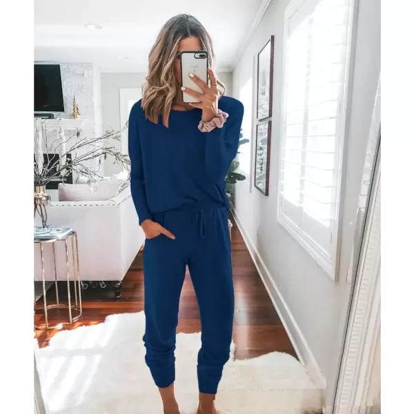 imagePRETTYGARDEN Womens Fall 2 Piece Lounge Outfit Long Sleeve Crewneck Pullover Tops High Waisted Pants Set TracksuitDark Blue