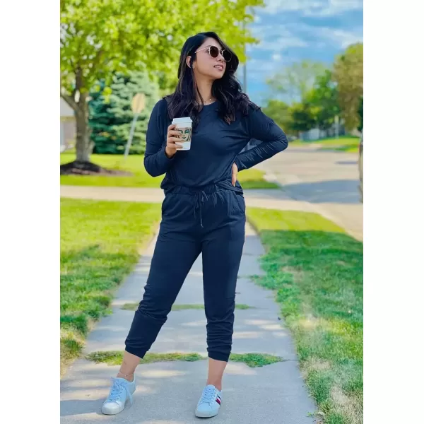 imagePRETTYGARDEN Womens Fall 2 Piece Lounge Outfit Long Sleeve Crewneck Pullover Tops High Waisted Pants Set TracksuitDark Blue