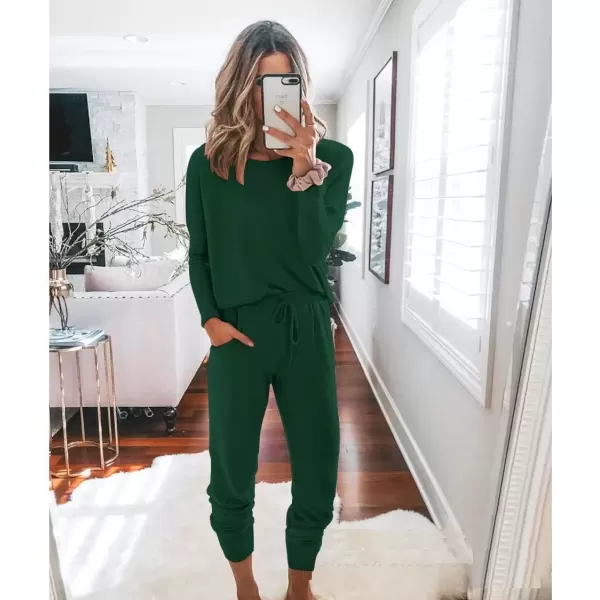 imagePRETTYGARDEN Womens Fall 2 Piece Lounge Outfit Long Sleeve Crewneck Pullover Tops High Waisted Pants Set TracksuitDark Green