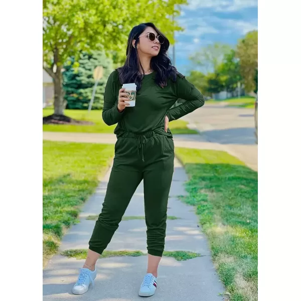 imagePRETTYGARDEN Womens Fall 2 Piece Lounge Outfit Long Sleeve Crewneck Pullover Tops High Waisted Pants Set TracksuitDark Green