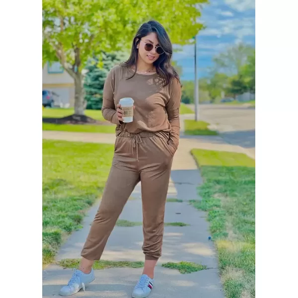 imagePRETTYGARDEN Womens Fall 2 Piece Lounge Outfit Long Sleeve Crewneck Pullover Tops High Waisted Pants Set TracksuitDark Khaki