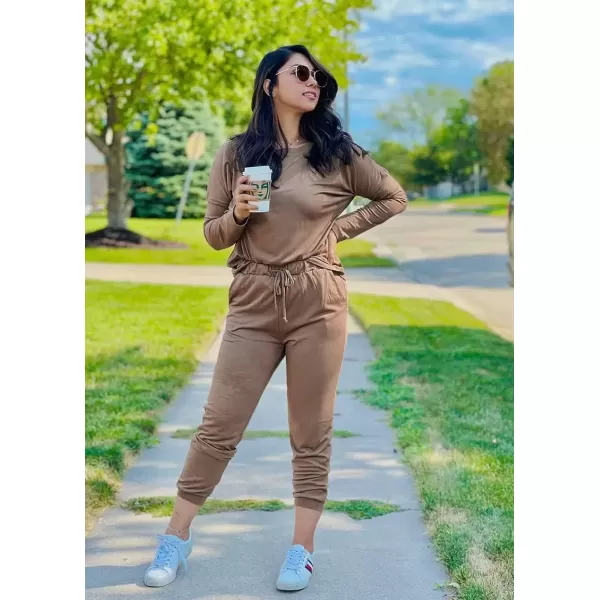 imagePRETTYGARDEN Womens Fall 2 Piece Lounge Outfit Long Sleeve Crewneck Pullover Tops High Waisted Pants Set TracksuitDark Khaki