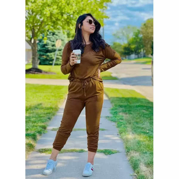 imagePRETTYGARDEN Womens Fall 2 Piece Lounge Outfit Long Sleeve Crewneck Pullover Tops High Waisted Pants Set TracksuitLight Brown