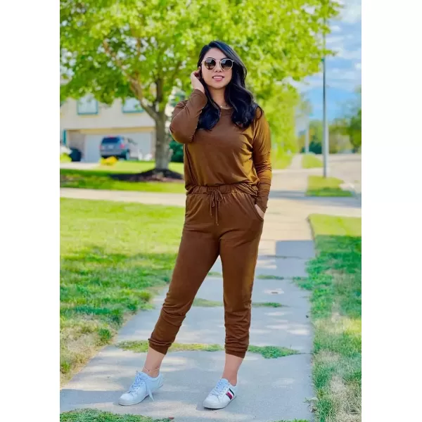 imagePRETTYGARDEN Womens Fall 2 Piece Lounge Outfit Long Sleeve Crewneck Pullover Tops High Waisted Pants Set TracksuitLight Brown
