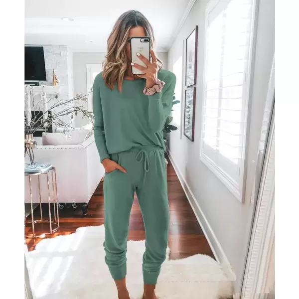 imagePRETTYGARDEN Womens Fall 2 Piece Lounge Outfit Long Sleeve Crewneck Pullover Tops High Waisted Pants Set TracksuitLight Green