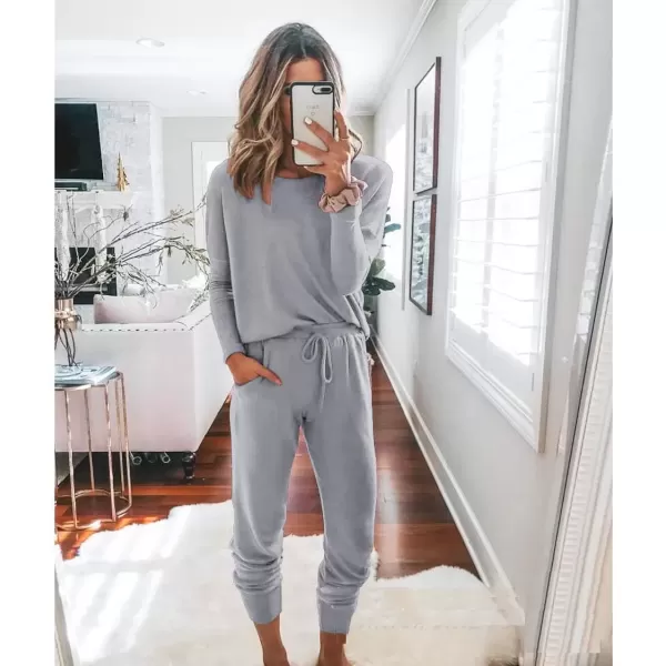 imagePRETTYGARDEN Womens Fall 2 Piece Lounge Outfit Long Sleeve Crewneck Pullover Tops High Waisted Pants Set TracksuitLight Grey