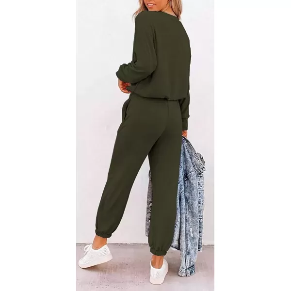 imagePRETTYGARDEN Womens Fall 2 Piece Lounge Outfit Long Sleeve Crewneck Pullover Tops High Waisted Pants Set TracksuitPatternedarmy Green