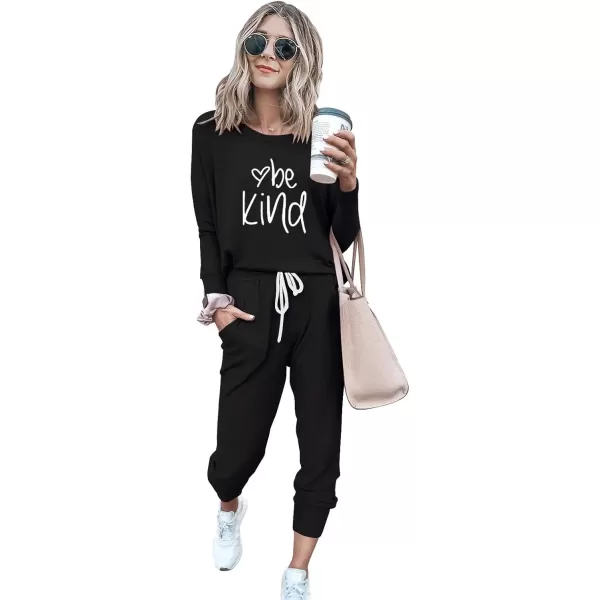 imagePRETTYGARDEN Womens Fall 2 Piece Lounge Outfit Long Sleeve Crewneck Pullover Tops High Waisted Pants Set TracksuitPatternedblack