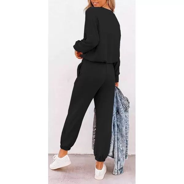 imagePRETTYGARDEN Womens Fall 2 Piece Lounge Outfit Long Sleeve Crewneck Pullover Tops High Waisted Pants Set TracksuitPatternedblack