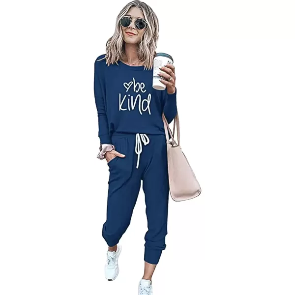 imagePRETTYGARDEN Womens Fall 2 Piece Lounge Outfit Long Sleeve Crewneck Pullover Tops High Waisted Pants Set TracksuitPatterneddark Blue