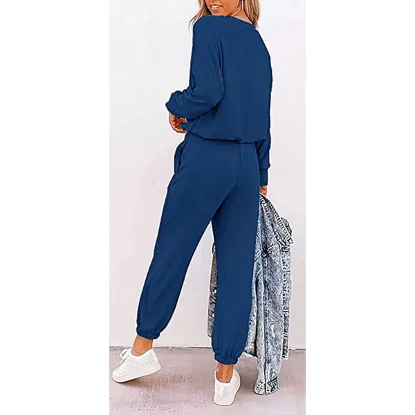 imagePRETTYGARDEN Womens Fall 2 Piece Lounge Outfit Long Sleeve Crewneck Pullover Tops High Waisted Pants Set TracksuitPatterneddark Blue
