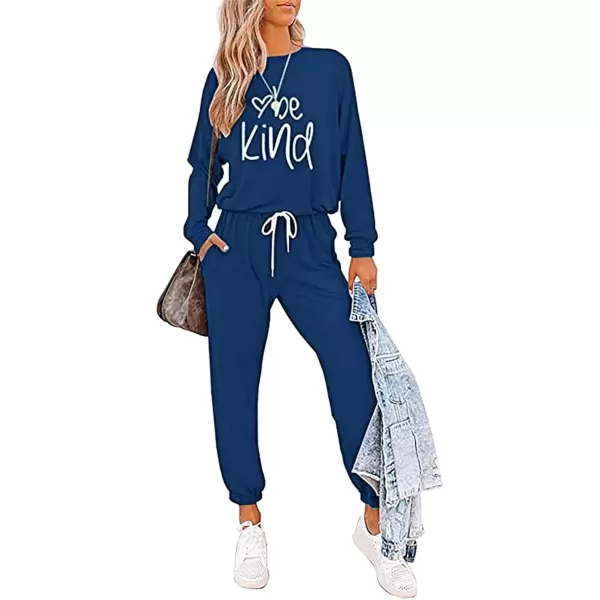 imagePRETTYGARDEN Womens Fall 2 Piece Lounge Outfit Long Sleeve Crewneck Pullover Tops High Waisted Pants Set TracksuitPatterneddark Blue