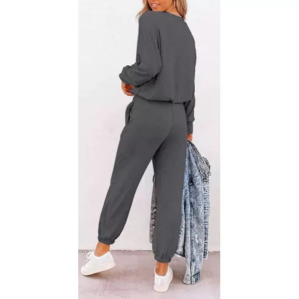 imagePRETTYGARDEN Womens Fall 2 Piece Lounge Outfit Long Sleeve Crewneck Pullover Tops High Waisted Pants Set TracksuitPatterneddark Grey