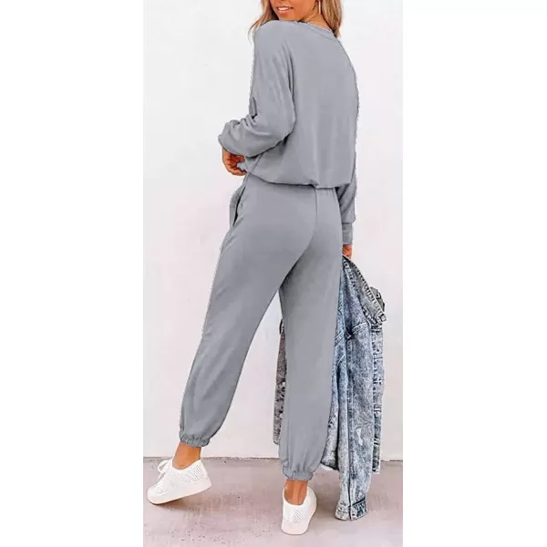 imagePRETTYGARDEN Womens Fall 2 Piece Lounge Outfit Long Sleeve Crewneck Pullover Tops High Waisted Pants Set TracksuitPatternedgrey