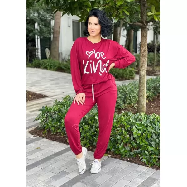 imagePRETTYGARDEN Womens Fall 2 Piece Lounge Outfit Long Sleeve Crewneck Pullover Tops High Waisted Pants Set TracksuitPatternedwine Red