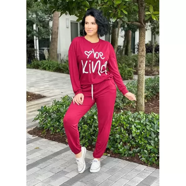 imagePRETTYGARDEN Womens Fall 2 Piece Lounge Outfit Long Sleeve Crewneck Pullover Tops High Waisted Pants Set TracksuitPatternedwine Red