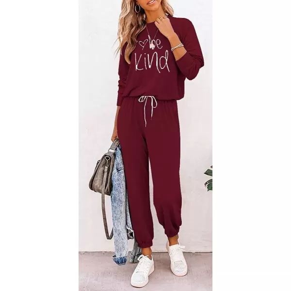 imagePRETTYGARDEN Womens Fall 2 Piece Lounge Outfit Long Sleeve Crewneck Pullover Tops High Waisted Pants Set TracksuitPatternedwine Red
