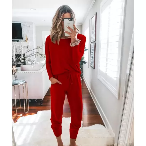 imagePRETTYGARDEN Womens Fall 2 Piece Lounge Outfit Long Sleeve Crewneck Pullover Tops High Waisted Pants Set TracksuitRed